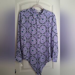 Peter nygard front tie button down nordic print womens top PL business casual